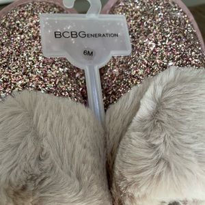 BCBGeneration, triaa faux fur lined sequin slippers, gold, size 6